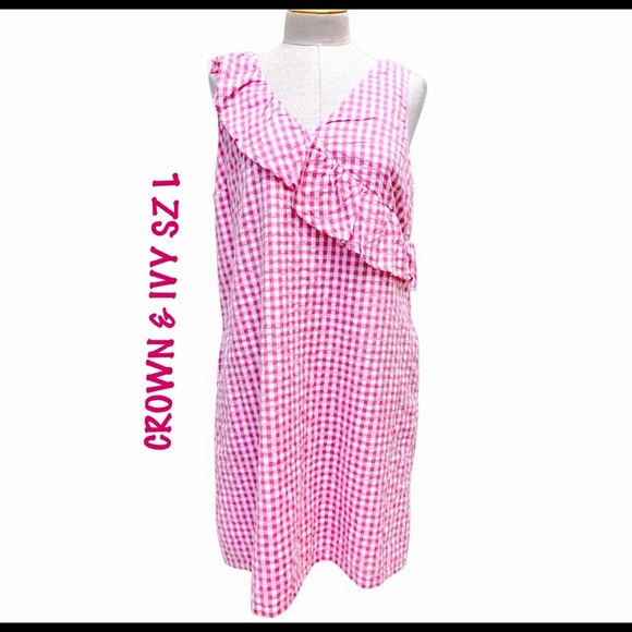 Crown & Ivy Pink Gingham Cotton Shift Dress NWOT SZ L - Picture 1 of 9